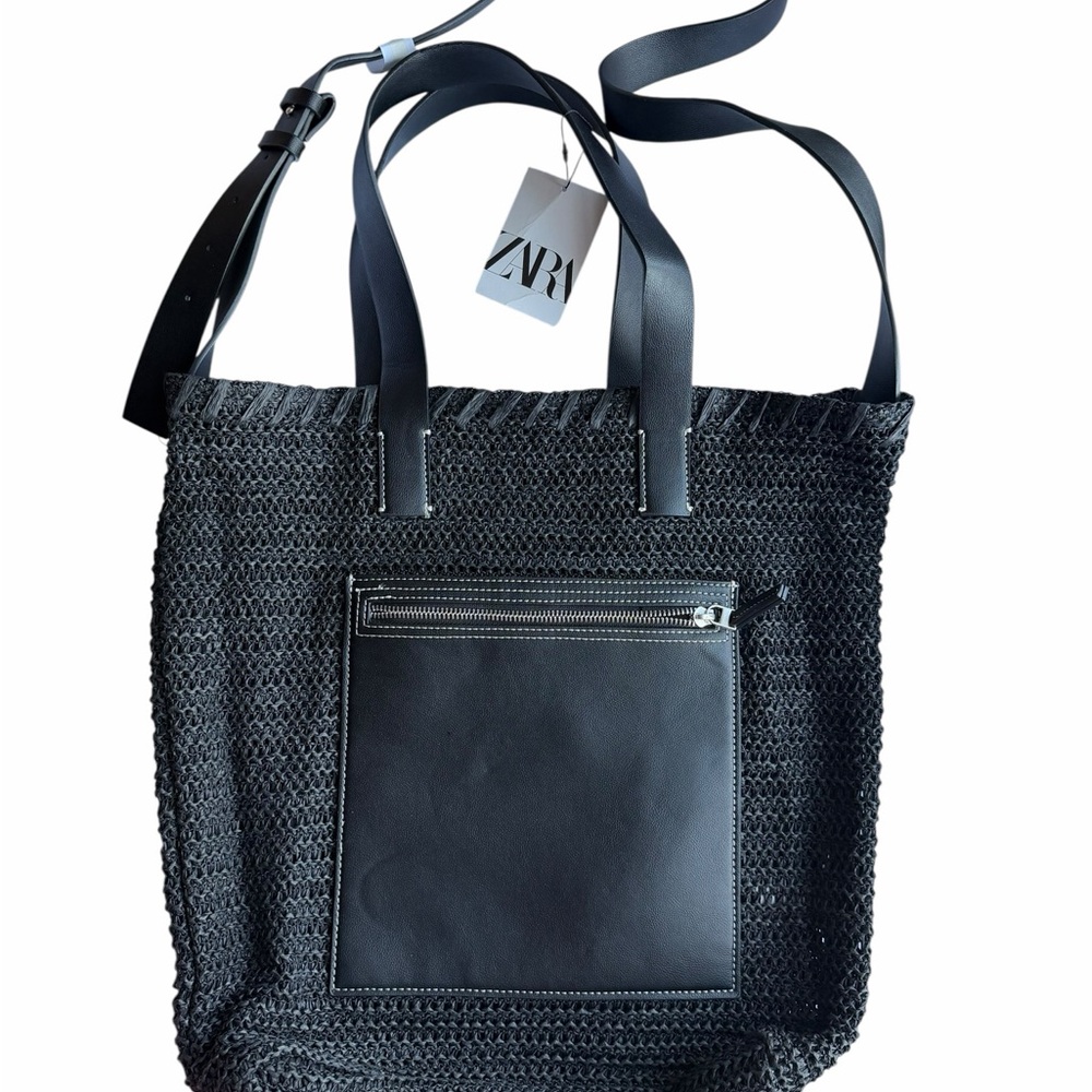 Zara Black Woven Raffia Tore Bag | Leather Trim | Large Shoulder Bag